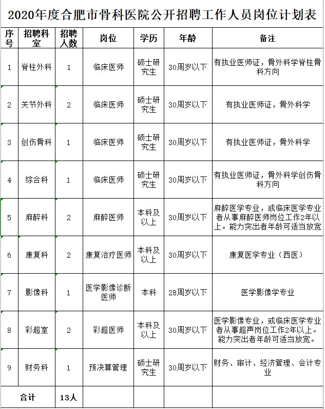 合肥市骨科医院公开招聘工作人员岗位计划表